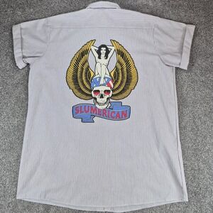 Yelawolf Slumerican Shirt Mens 2X Skull Pinup Mechanic Pinstripe Button Up